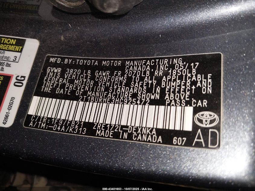 2017 Toyota Corolla Le VIN: 2T1BURHE3HC925472 Lot: 43401653