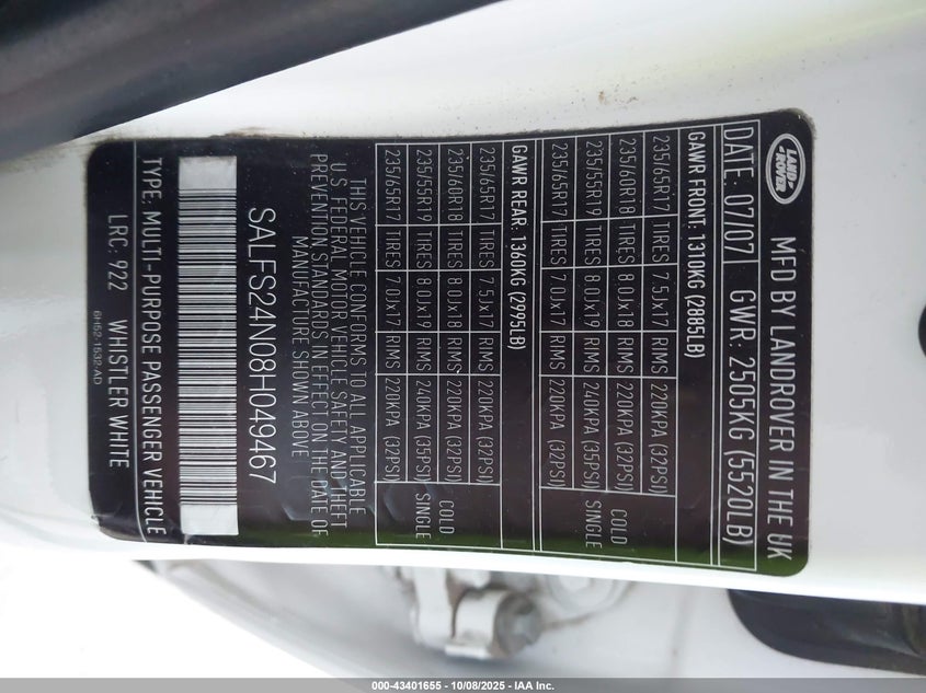 2008 Land Rover Lr2 Se VIN: SALFS24N08H049467 Lot: 43401655
