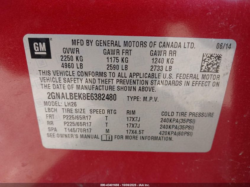 2014 Chevrolet Equinox 1Lt VIN: 2GNALBEK8E6382480 Lot: 43401656