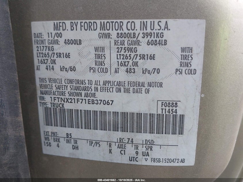 1FTNX21F71EB37067 2001 FORD F250 photo no. 9