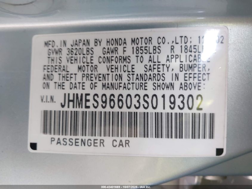 2003 Honda Civic Hybrid VIN: JHMES96603S019302 Lot: 43401669