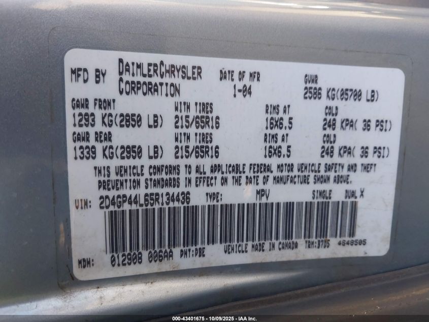 2005 Dodge Grand Caravan Sxt VIN: 2D4GP44L65R134436 Lot: 43401675