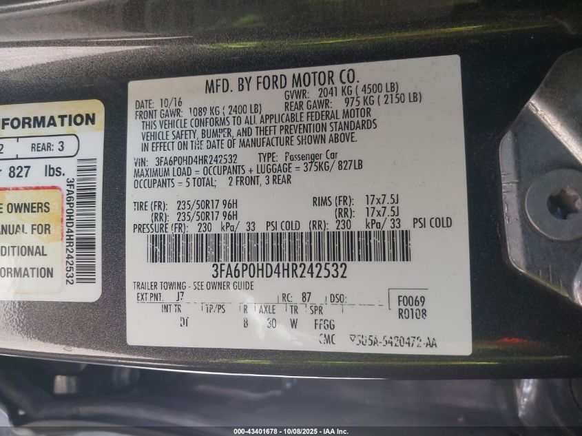 2017 Ford Fusion Se VIN: 3FA6P0HD4HR242532 Lot: 43401678