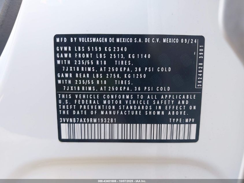 2024 Volkswagen Tiguan 2.0T Se/2.0T Wolfsburg Edition VIN: 3VVNB7AX9RM193281 Lot: 43401686