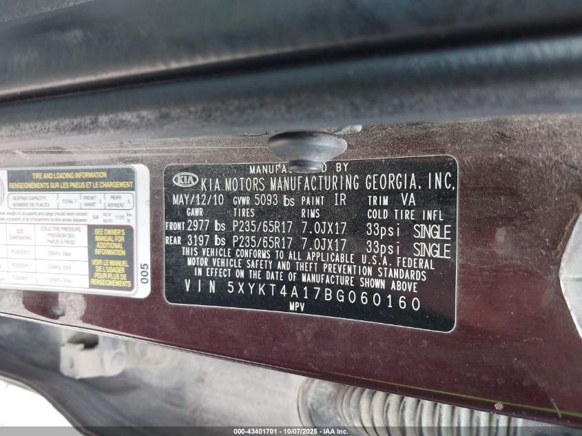2011 Kia Sorento Lx VIN: 5XYKT4A17BG060160 Lot: 43401701