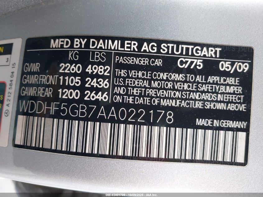 2010 Mercedes-Benz E 350 VIN: WDDHF5GB7AA022178 Lot: 43401709