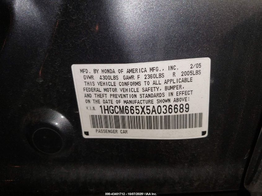 2005 Honda Accord 3.0 Ex VIN: 1HGCM665X5A036689 Lot: 43401712