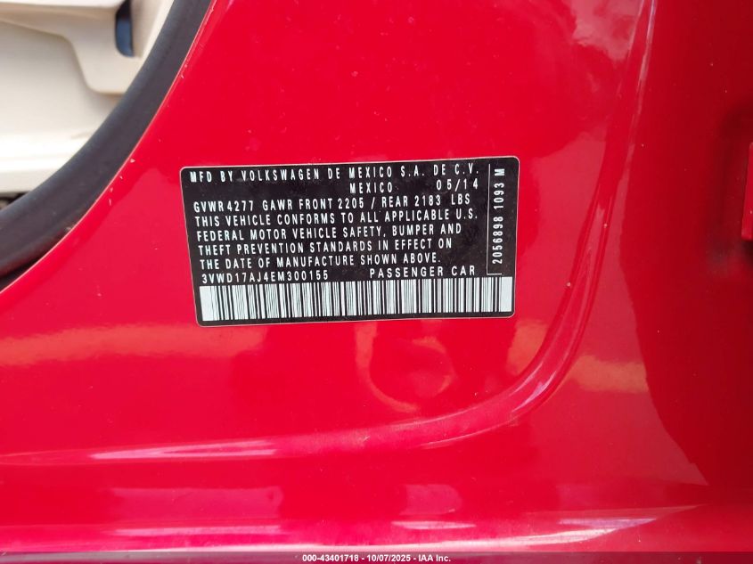 2014 Volkswagen Jetta 1.8T Se VIN: 3VWD17AJ4EM300155 Lot: 43401718