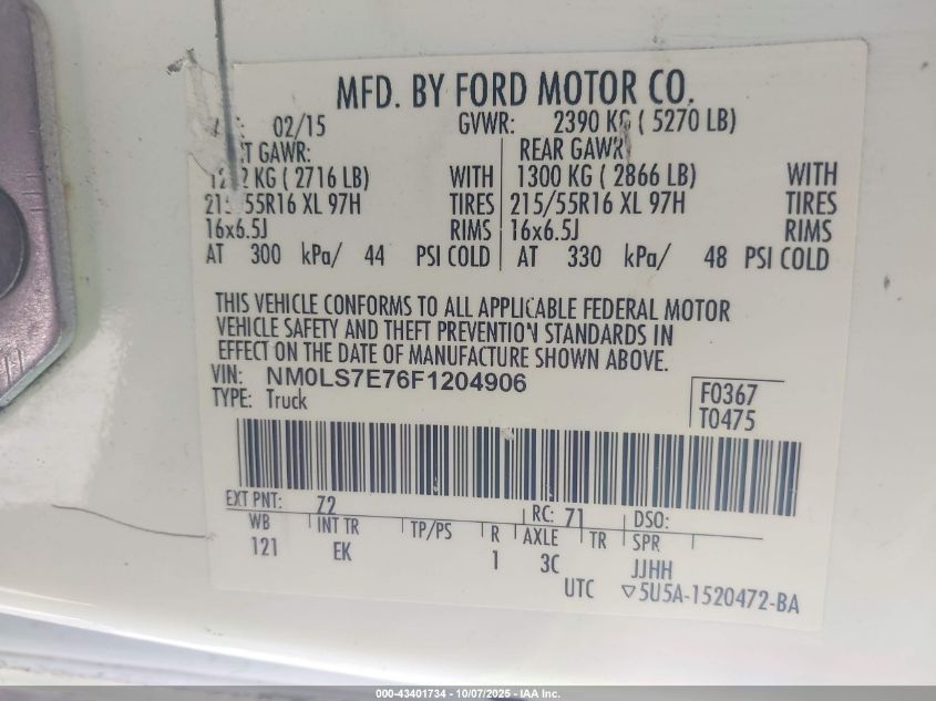 2015 Ford Transit Connect Xl VIN: NM0LS7E76F1204906 Lot: 43401734