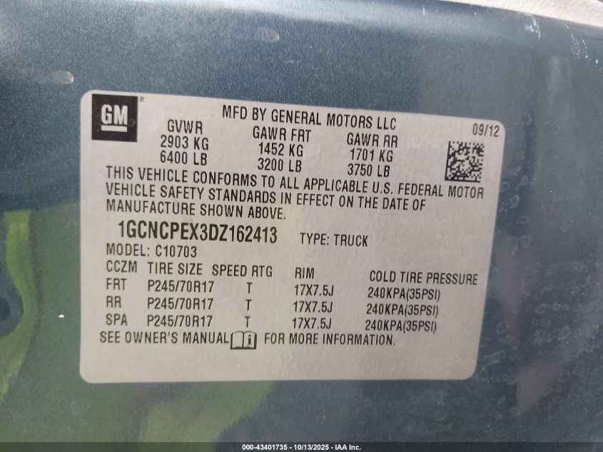 2013 Chevrolet Silverado 1500 Work Truck VIN: 1GCNCPEX3DZ162413 Lot: 43401735