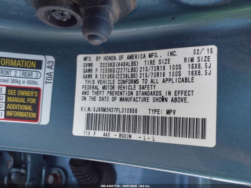 2015 Honda Cr-V Lx VIN: 5J6RM3H37FL010666 Lot: 43401738