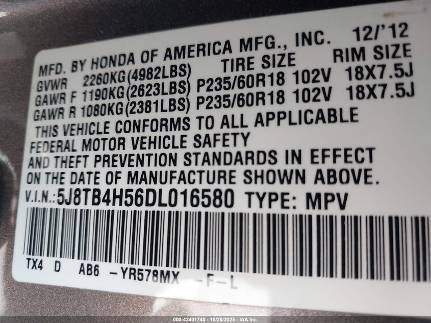 2013 ACURA RDX 5J8TB4H56DL016580