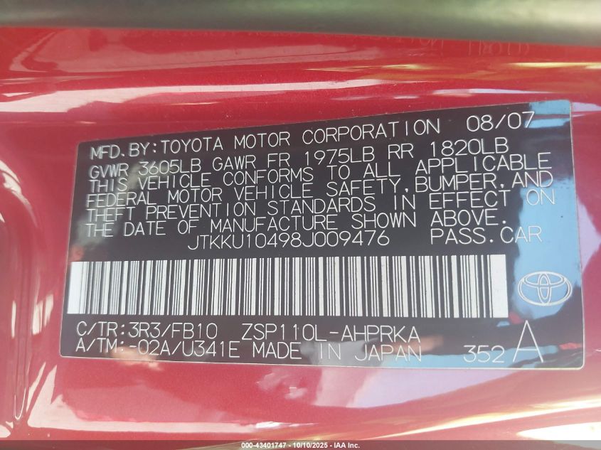 2008 Scion Xd VIN: JTKKU10498J009476 Lot: 43401747