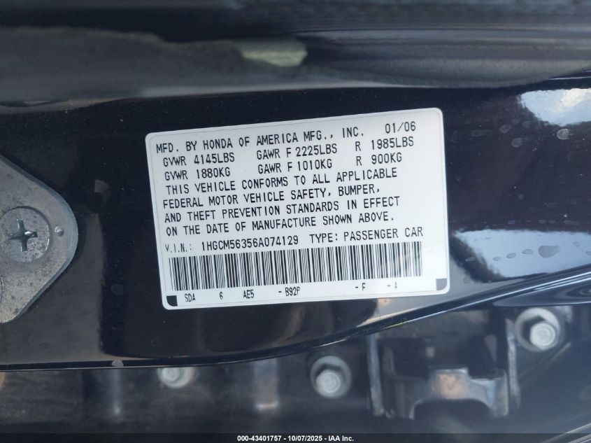 2006 Honda Accord 2.4 Se VIN: 1HGCM56356A074129 Lot: 43401757