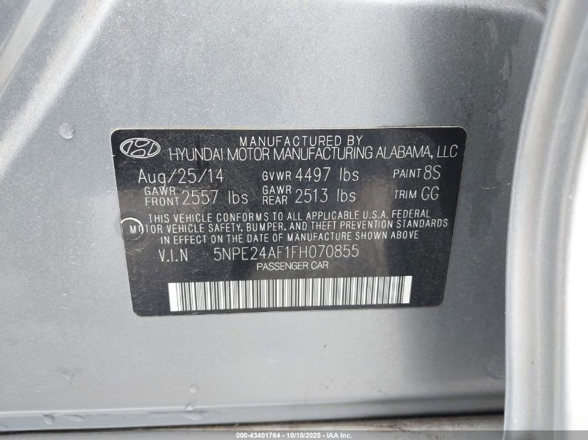 2015 Hyundai Sonata Se VIN: 5NPE24AF1FH070855 Lot: 43401764