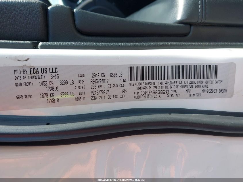 2015 Jeep Grand Cherokee Laredo VIN: 1C4RJEAG6FC826243 Lot: 43401766