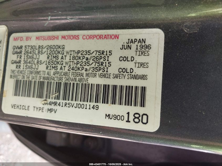 1997 Mitsubishi Montero Ls VIN: JA4MR41R5VJ001149 Lot: 43401775