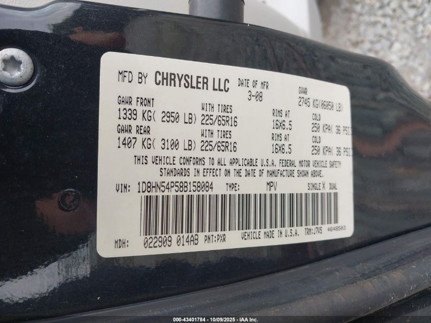 2008 Dodge Grand Caravan Sxt VIN: 1D8HN54P58B158084 Lot: 43401784