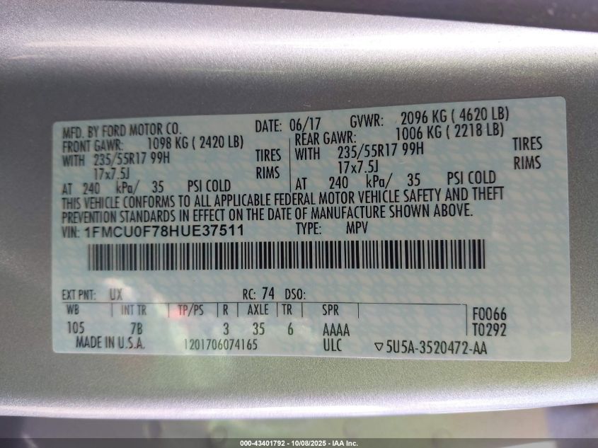 2017 Ford Escape S VIN: 1FMCU0F78HUE37511 Lot: 43401792