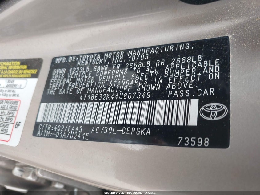 4T1BE32K44U807349 2004 TOYOTA CAMRY photo no. 9