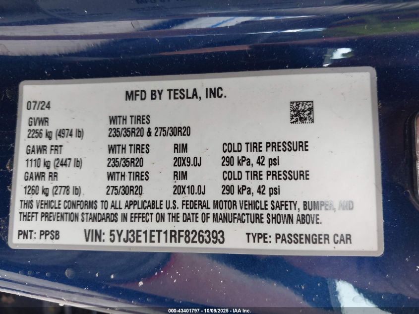 2024 Tesla Model 3 Performance All-Wheel Drive VIN: 5YJ3E1ET1RF826393 Lot: 43401797