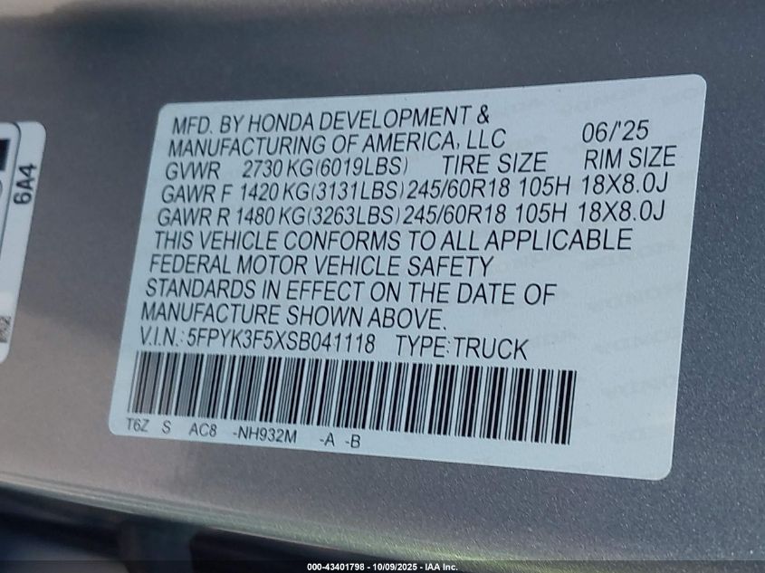 2025 Honda Ridgeline Rtl VIN: 5FPYK3F5XSB041118 Lot: 43401798