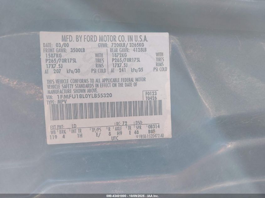 2000 Ford Expedition Eddie Bauer VIN: 1FMFU18L0YLB55320 Lot: 43401800