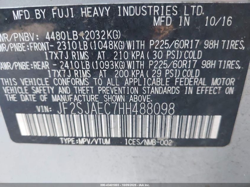 2017 Subaru Forester 2.5I Premium VIN: JF2SJAEC7HH488098 Lot: 43401803