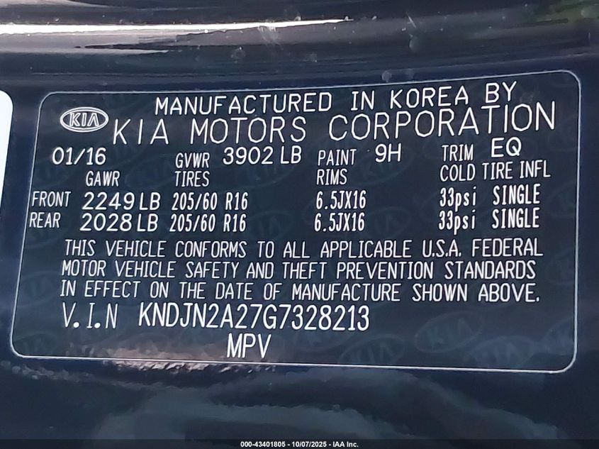 2016 Kia Soul VIN: KNDJN2A27G7328213 Lot: 43401805