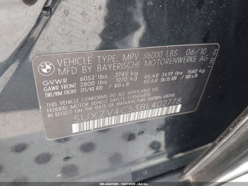 2011 BMW X5 xDrive35I/xDrive35I Premium/xDrive35I Sport Activity VIN: 5UXZV4C53BL402778 Lot: 43401809