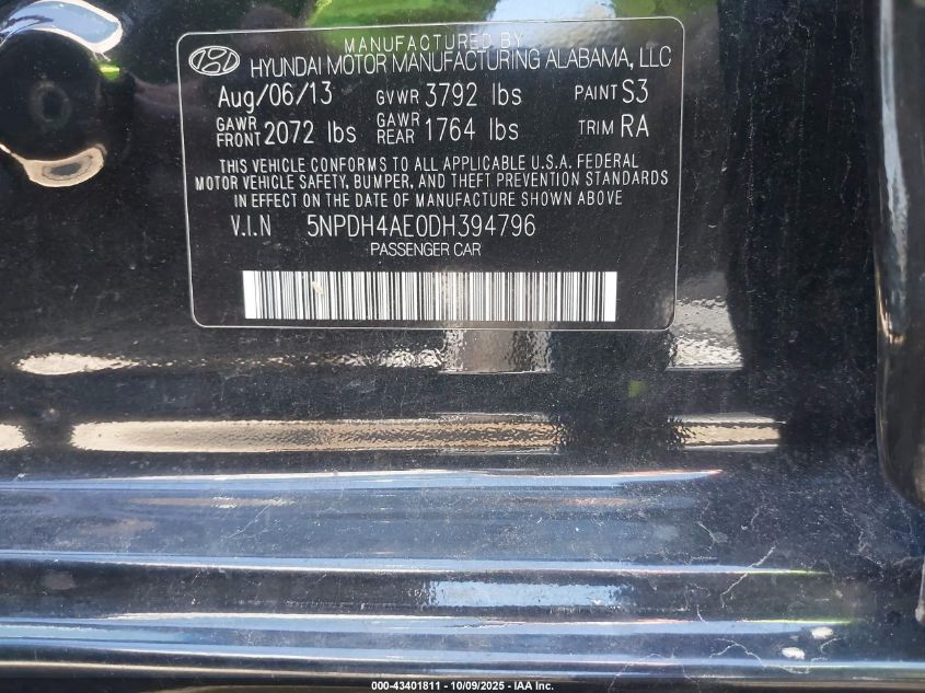 2013 Hyundai Elantra Gls VIN: 5NPDH4AE0DH394796 Lot: 43401811