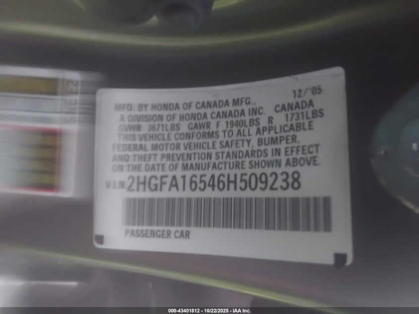 2006 Honda Civic Lx VIN: 2HGFA16546H509238 Lot: 43401812