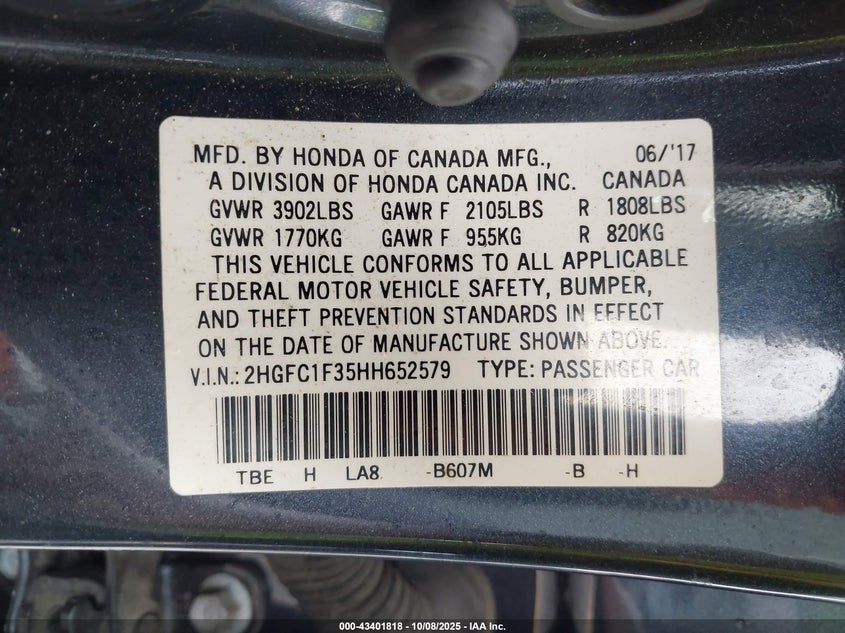 2017 Honda Civic 1.5 Ex-T Blue Lot 111043401818 Vin 2HGFC1F35HH652579