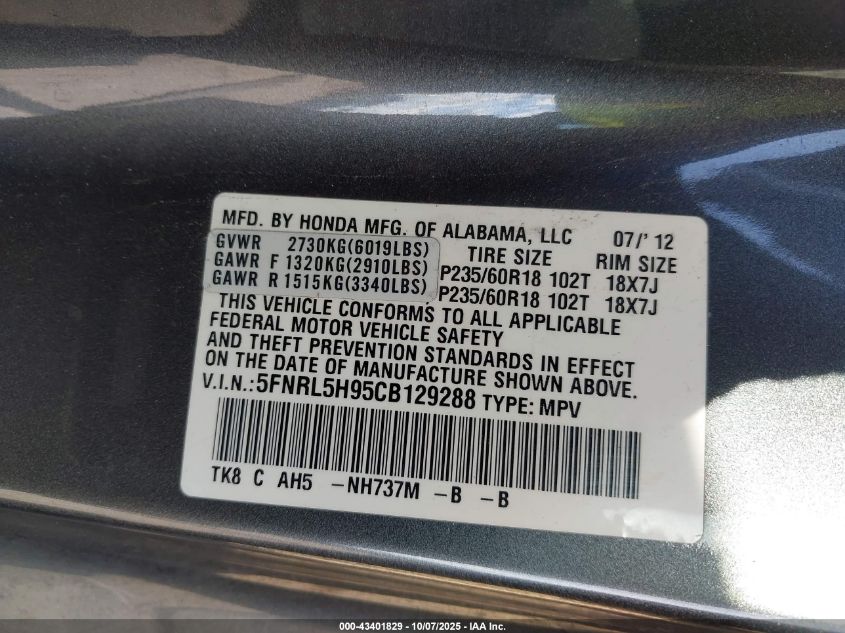 2012 Honda Odyssey Touring/Touring Elite VIN: 5FNRL5H95CB129288 Lot: 43401829