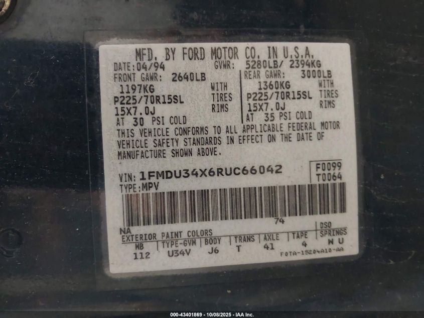 1994 Ford Explorer VIN: 1FMDU34X6RUC66042 Lot: 43401869