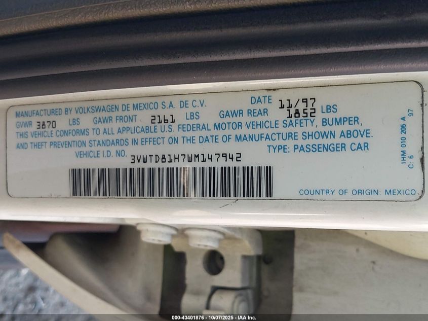 1998 Volkswagen Jetta Glx VIN: 3VWTD81H7WM147942 Lot: 43401876