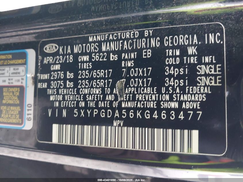 2019 Kia Sorento 3.3L Lx VIN: 5XYPGDA56KG463477 Lot: 43401898