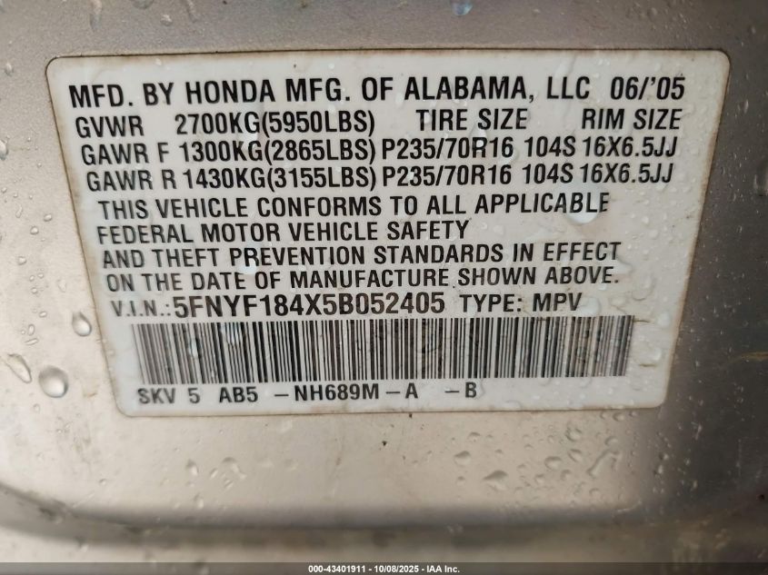 2005 Honda Pilot Ex VIN: 5FNYF184X5B052405 Lot: 43401911