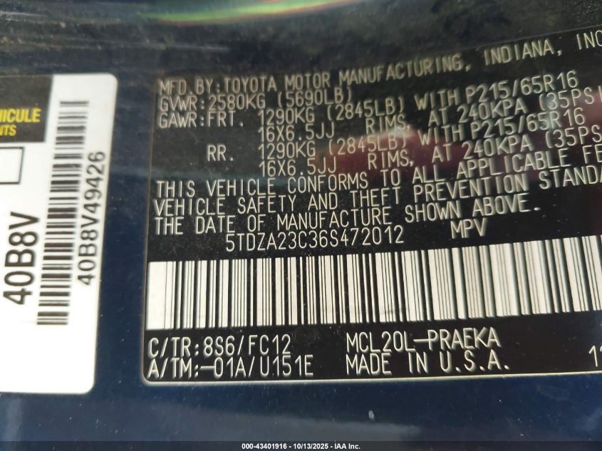 2006 Toyota Sienna Le VIN: 5TDZA23C36S472012 Lot: 43401916