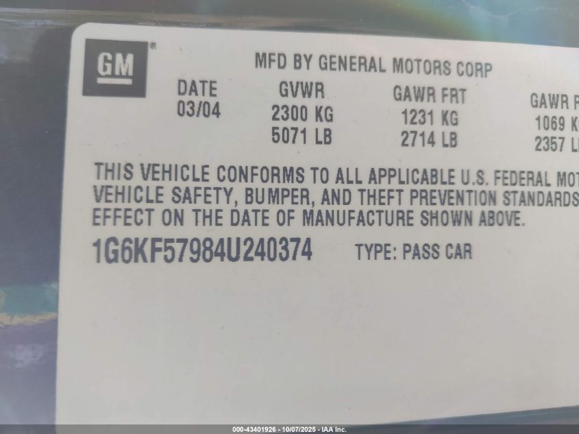 2004 Cadillac Deville Dts VIN: 1G6KF57984U240374 Lot: 43401926
