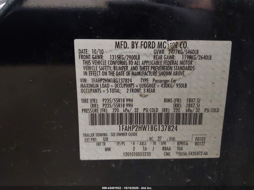 2011 Ford Taurus Sel VIN: 1FAHP2HW1BG137824 Lot: 43401932