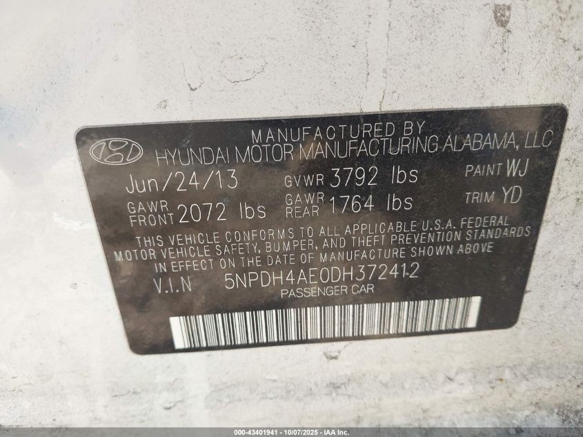 2013 Hyundai Elantra Gls VIN: 5NPDH4AE0DH372412 Lot: 43401941