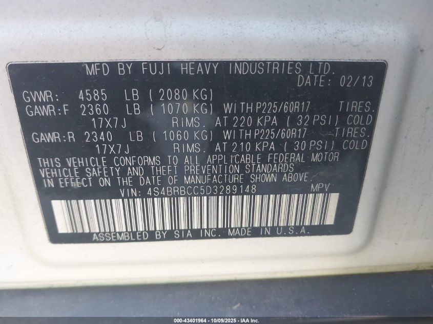 2013 Subaru Outback 2.5I Premium VIN: 4S4BRBCC5D3289148 Lot: 43401964