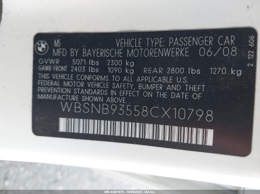2008 BMW M5 VIN: WBSNB93558CX10798 Lot: 43401970
