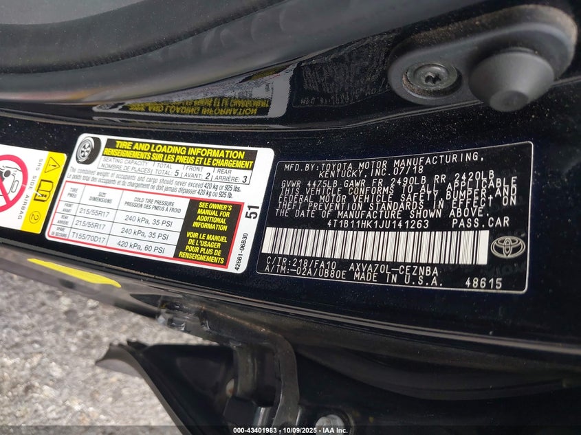 2018 Toyota Camry Le VIN: 4T1B11HK1JU141263 Lot: 43401983