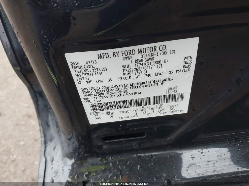 2015 Ford F-150 Xl VIN: 1FTEW1EFXFFA51583 Lot: 43401992