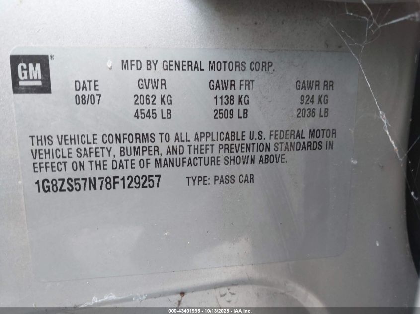 2008 Saturn Aura Xe VIN: 1G8ZS57N78F129257 Lot: 43401995