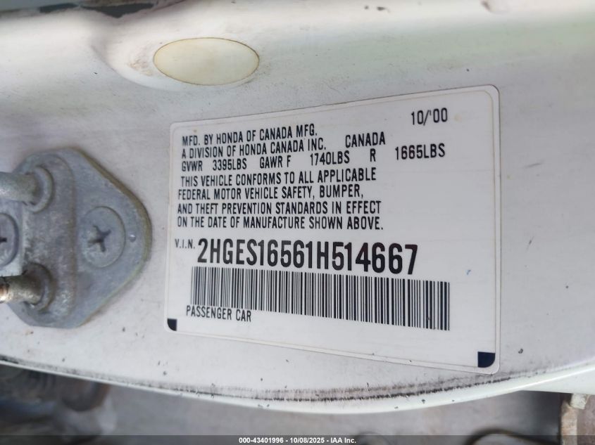 2001 Honda Civic Lx VIN: 2HGES16561H514667 Lot: 43401996