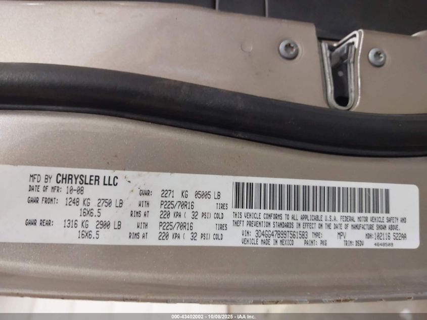 2009 Dodge Journey Se VIN: 3D4GG47B99T561583 Lot: 43402002