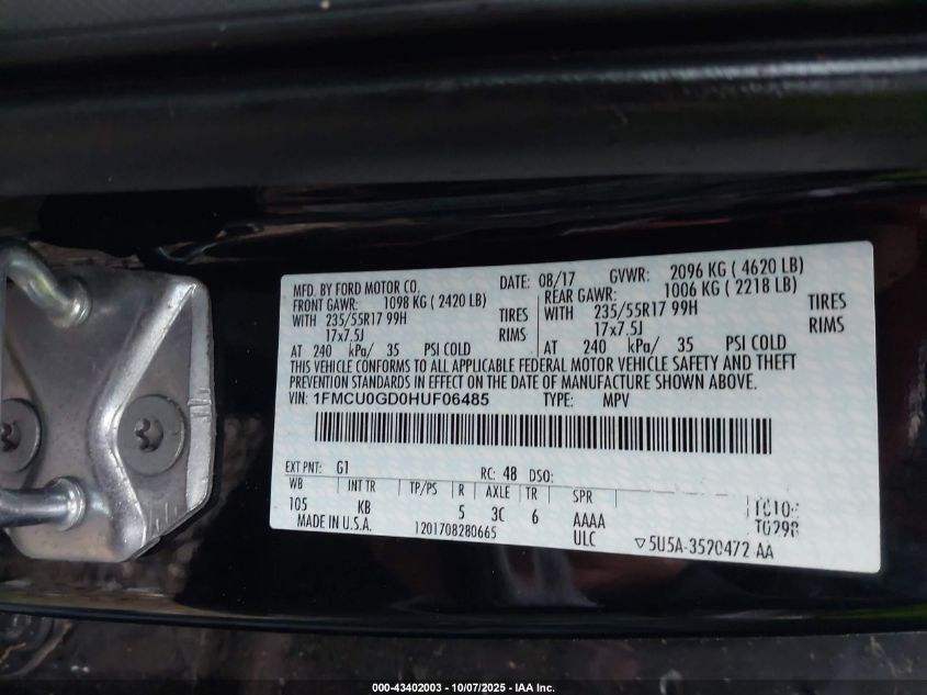 2017 Ford Escape Se VIN: 1FMCU0GD0HUF06485 Lot: 43402003